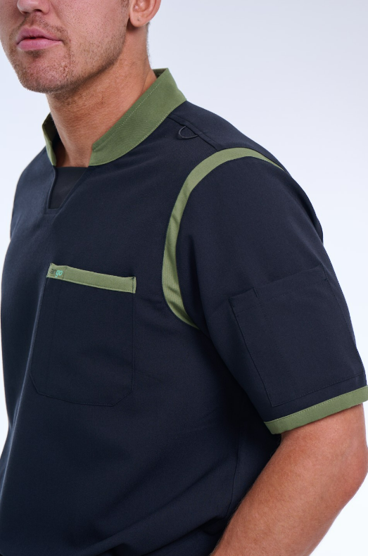 Men's Jet Black / Olive C-Collar Scrub Top