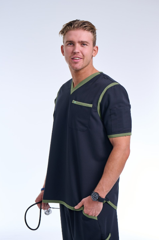 Men's Jet Black / Olive V-Neck Scrub Top