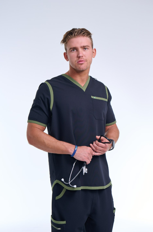 Men's Jet Black / Olive V-Neck Scrub Top