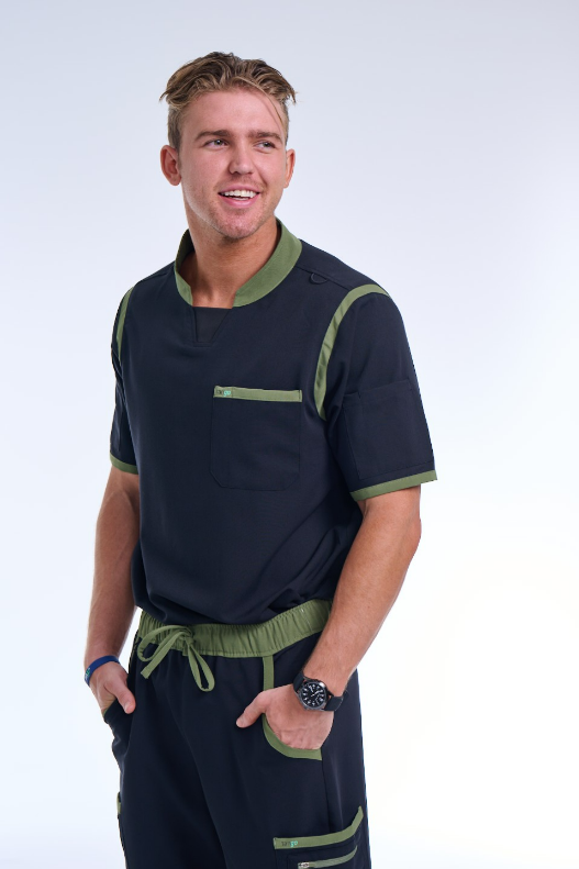 Men's Jet Black / Olive C-Collar Scrub Top