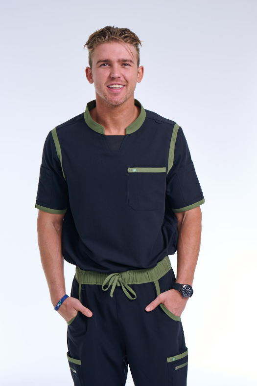 Men's Jet Black / Olive C-Collar Scrub Top