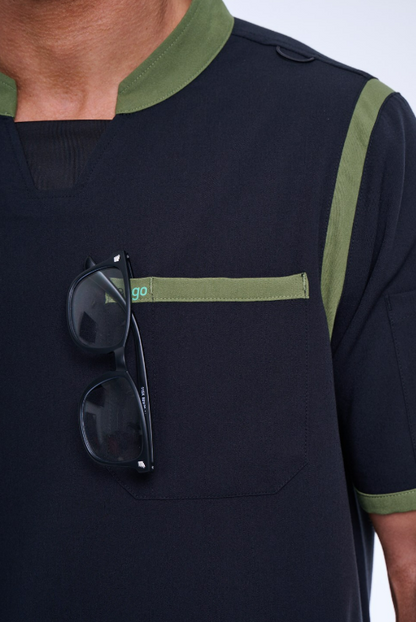 Men's Jet Black / Olive C-Collar Scrub Top