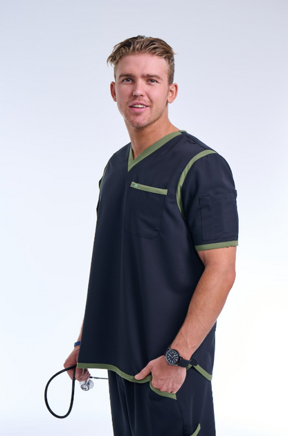 Men's Jet Black / Olive V-Neck Scrub Top