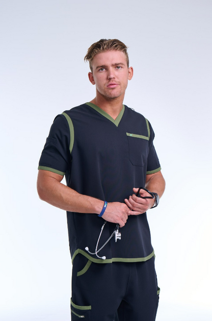 Men's Jet Black / Olive V-Neck Scrub Top