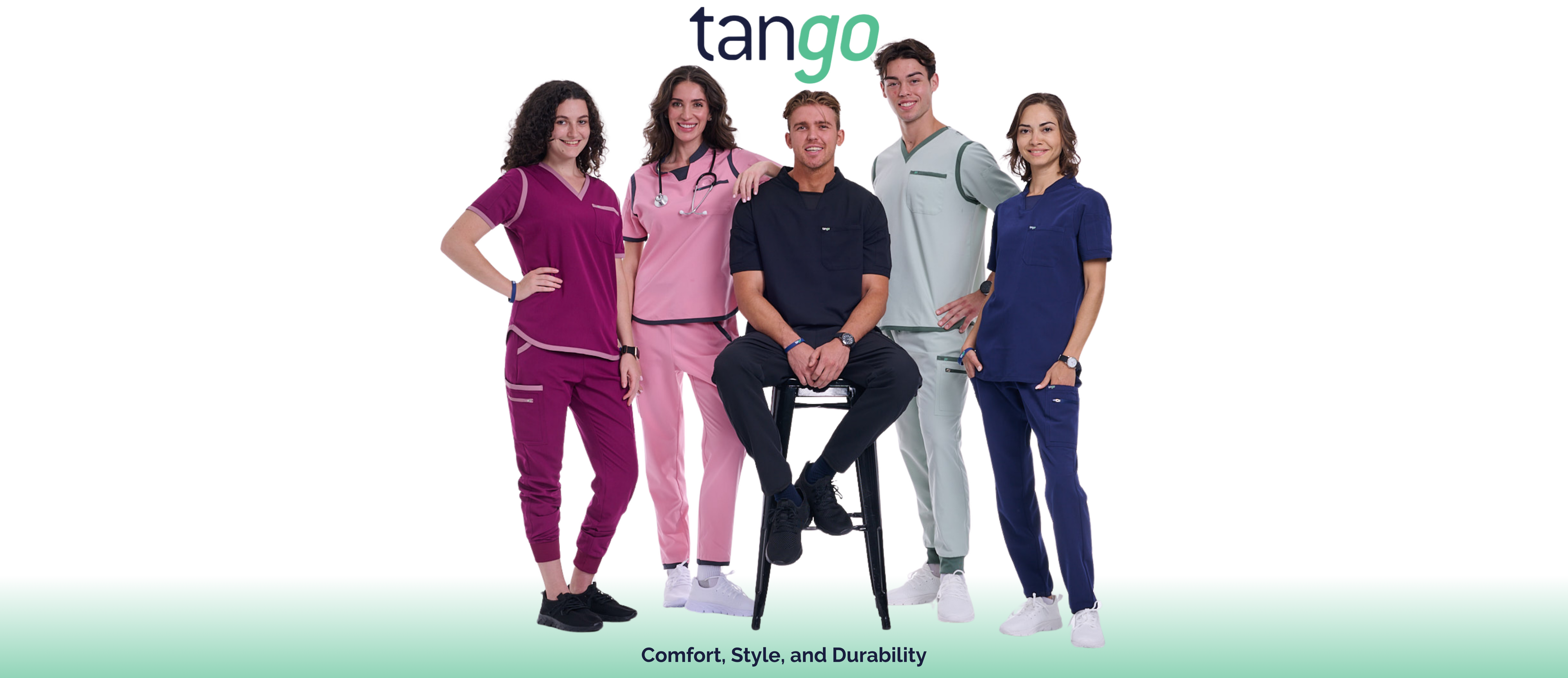 Group of people wearing different colored scrubs with 'tango' branding on a white background.