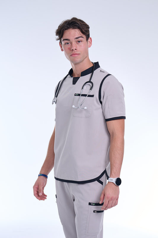 Men's Silver / Black C-Collar Scrub Top