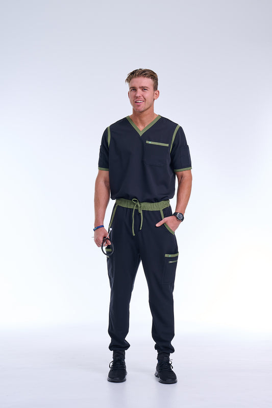 Men's Jet Black / Olive Jogger Scrub Pants