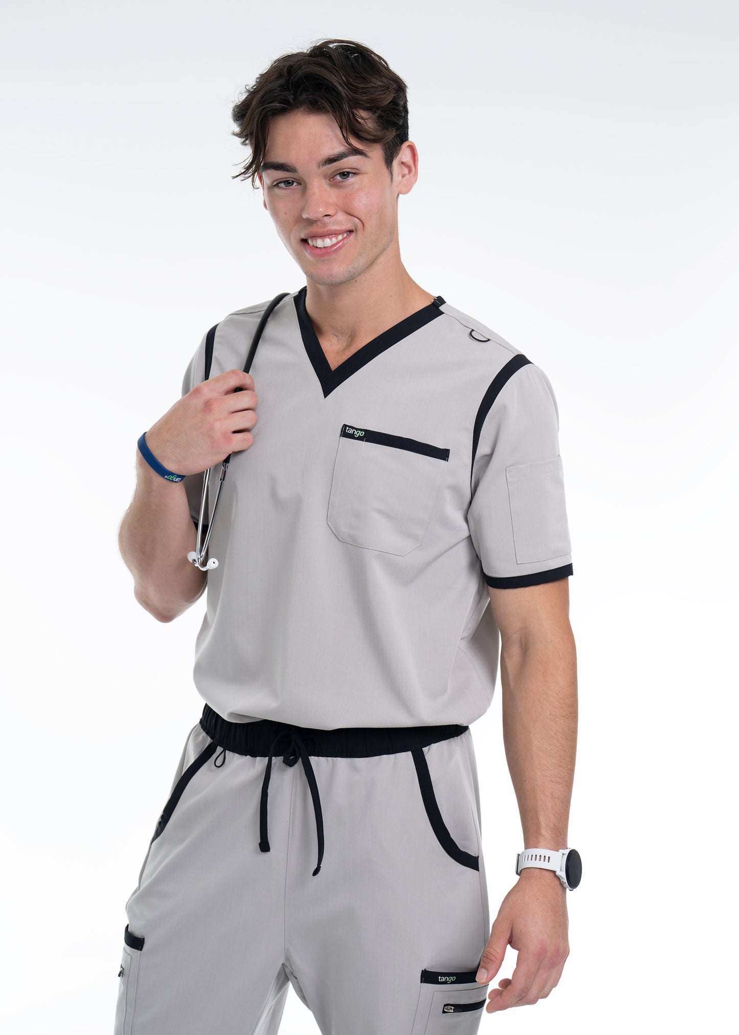 Men's Silver / Black V-Neck Scrub Top