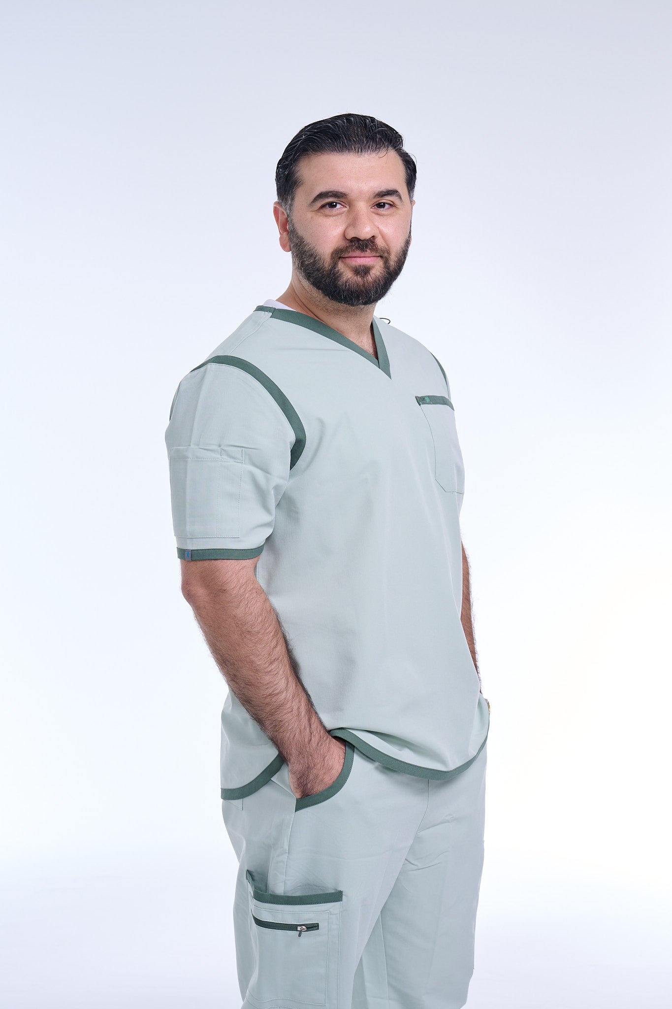 Men's Sea Green / Stone V-Neck Scrub Top