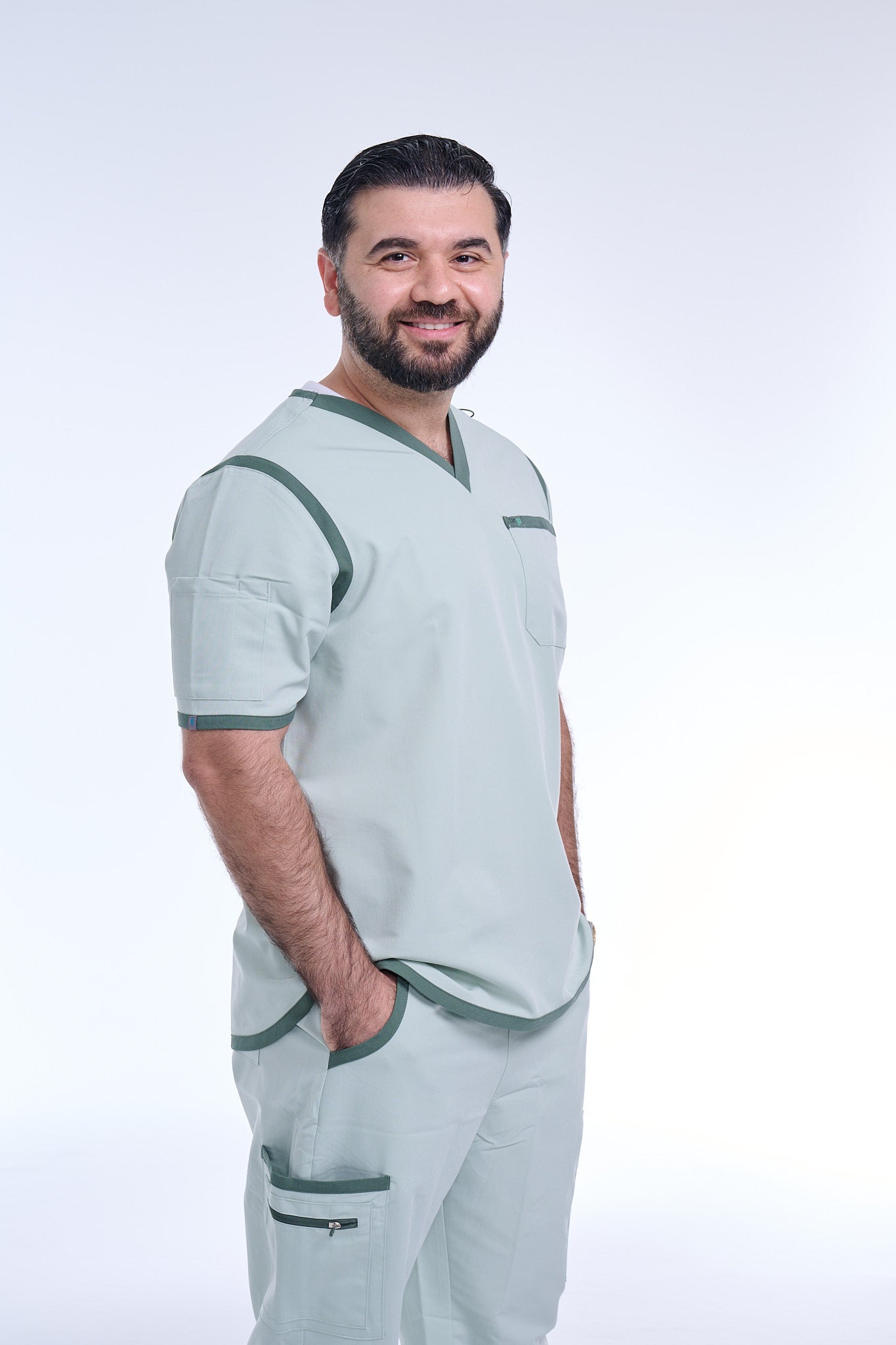 Men's Sea Green / Stone V-Neck Scrub Top