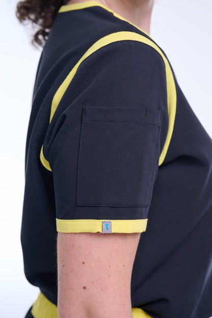 Women's Jet Black / Yellow C-Collar Scrub Top