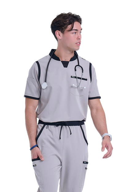 Men's Grey / Black C-Collar Scrub Top
