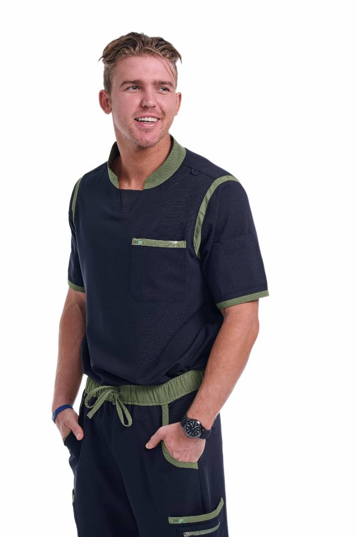 Men's Jet Black / Olive C-Collar Scrub Top