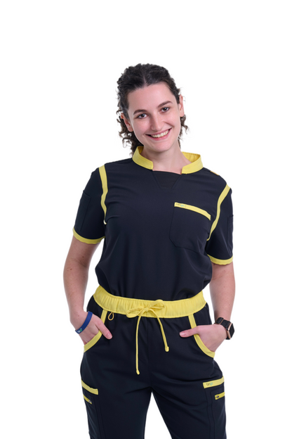 Women's Jet Black / Yellow C-Collar Scrub Top