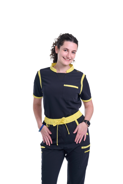 Women's Jet Black / Yellow C-Collar Scrub Top