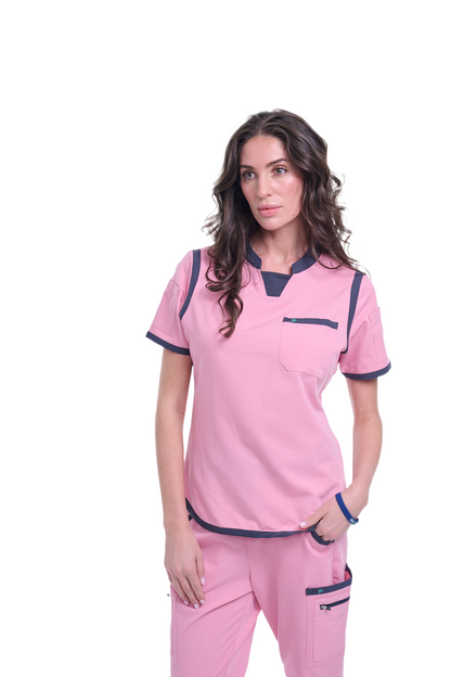 Women's Pink / Grey C-Collar Scrub Top