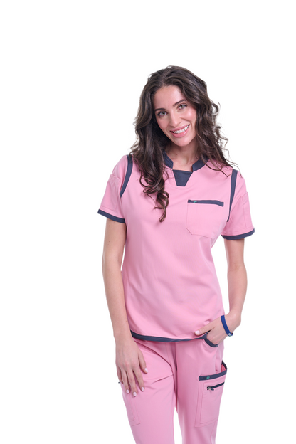 Women's Pink / Grey C-Collar Scrub Top