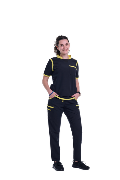 Women's Jet Black / Yellow Straight Scrub Pants
