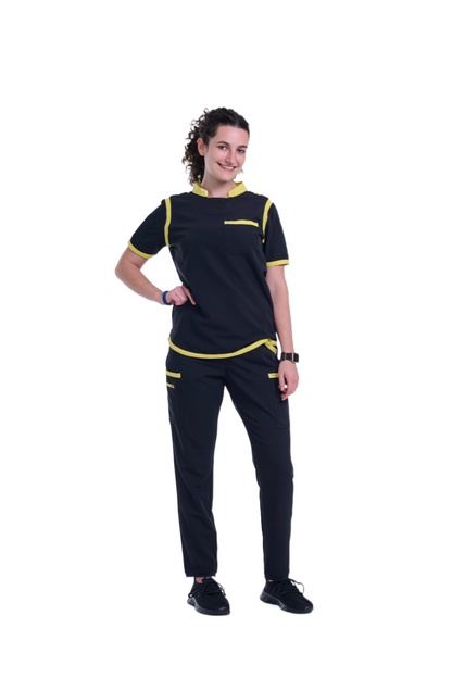 Women's Jet Black / Yellow Straight Scrub Pants