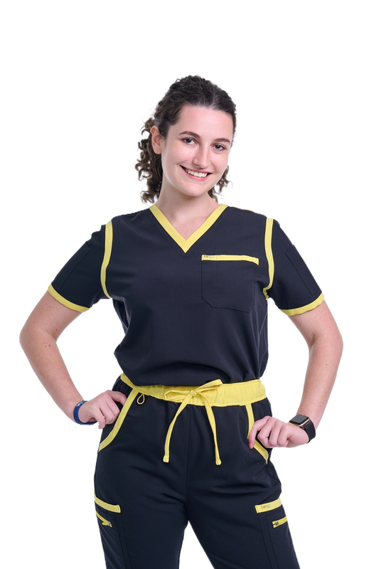 Women's Jet Black / Yellow V-Neck Scrub Top