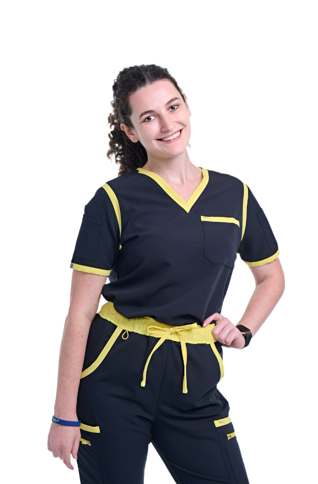 Women's Jet Black / Yellow V-Neck Scrub Top