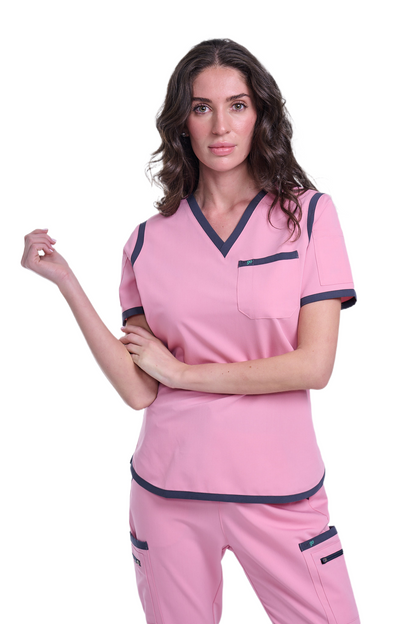 Women's Pink / Grey V-Neck Scrub Top